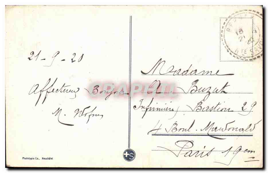 Tarjeta postal antigua Vista tomada desde el muelle de barcos de Évian-les-Bains — Reverso