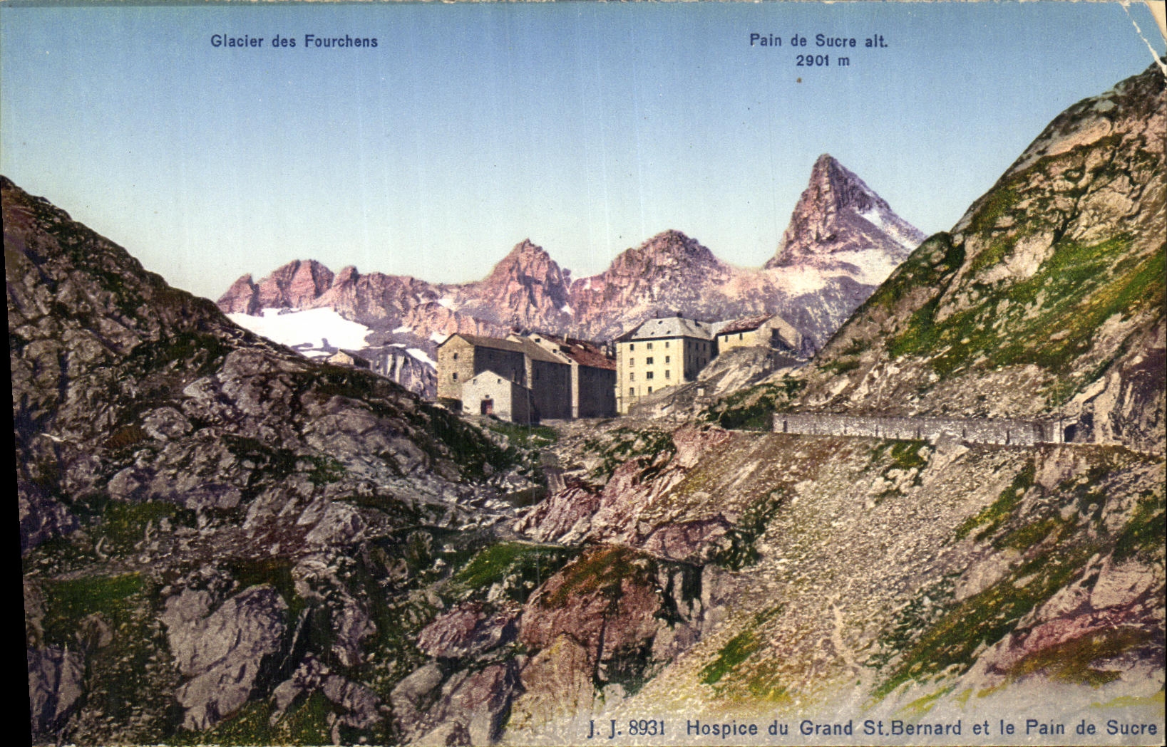 Glacier des Fourchens — Hospice du Grand St. Bernard et le Pain de Sucre — J.J. 8931