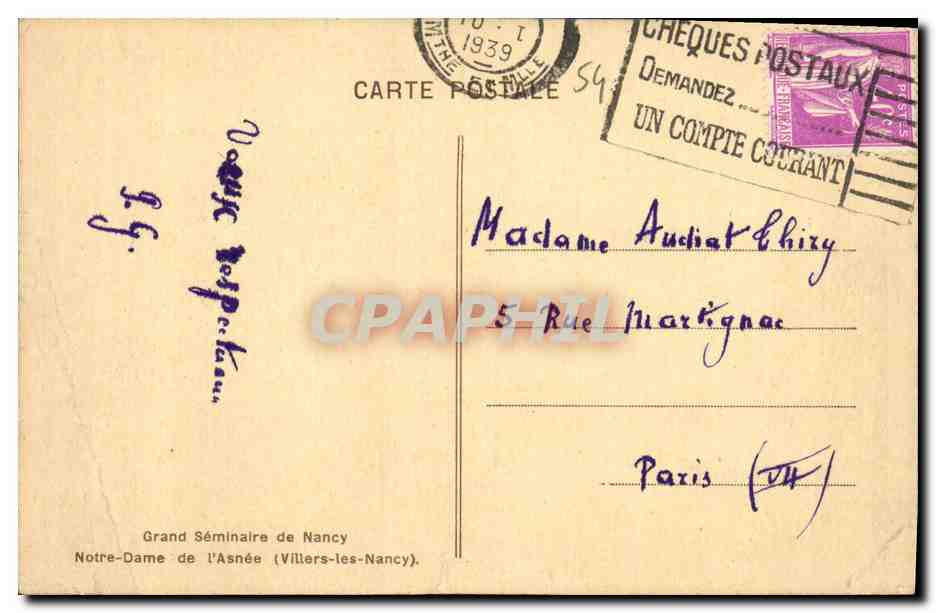 CPA Grand Seminaire de Nancy Notre Dame de l Asnee — Verso