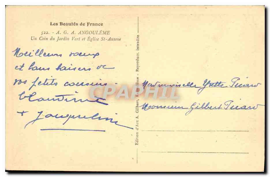 Jardin Vert et Église Saint-Ausone — Les Beautés de France, n° 522 — Édition d'Art A. Gilbert, Angoulême — Verso