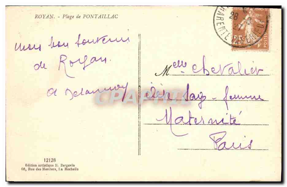 Plage de Pontaillac — Royan — Édition artistique H. Bergevin n°12128 — Rückseite