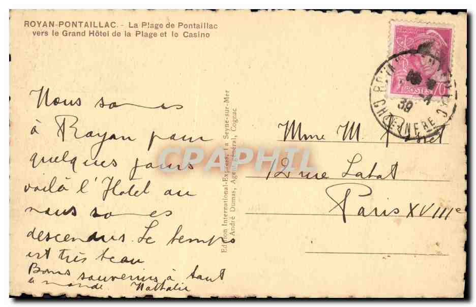 Plage de Pontaillac — vers le Grand Hôtel et le Casino — Édition International-Express, La Seyne-sur-Mer — Verso