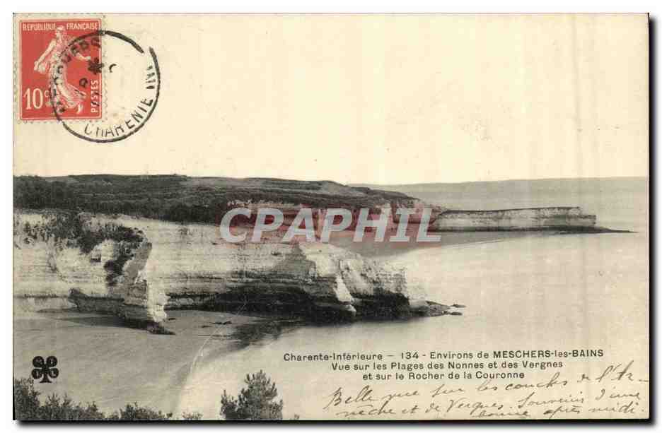 Charente-Inférieure — Environs de MESCHERS-les-BAINS — Vue sur les Plages des Nonnes et des Vergnes et sur le Rocher de la Couronne