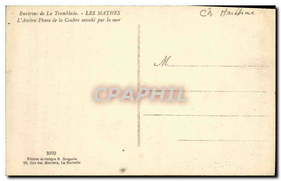 Les Mathes — L'Ancien Phare de la Coubre envahi par la mer — Édition artistique R. Bergavin, n° 3090 — Reverso