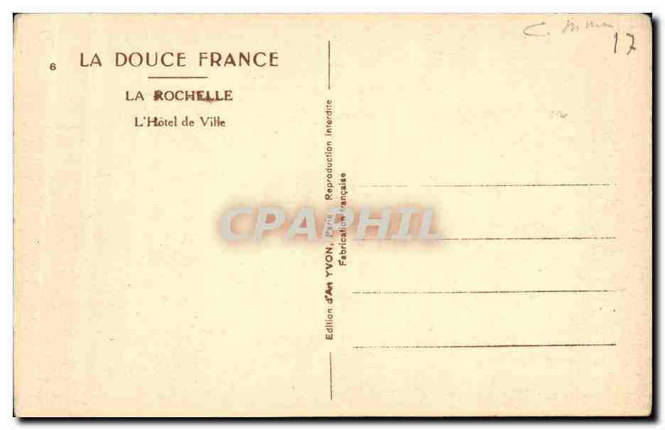 La Rochelle — L'Hôtel de Ville — Édition d'Art YVON, Paris — Rückseite