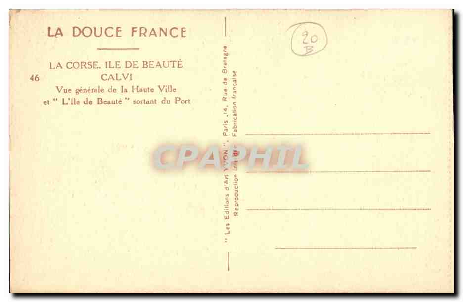 Calvi — Vue générale de la Haute Ville et "L'Île de Beauté" sortant du Port — Les Éditions d'Art Yvonne, Paris — Rückseite