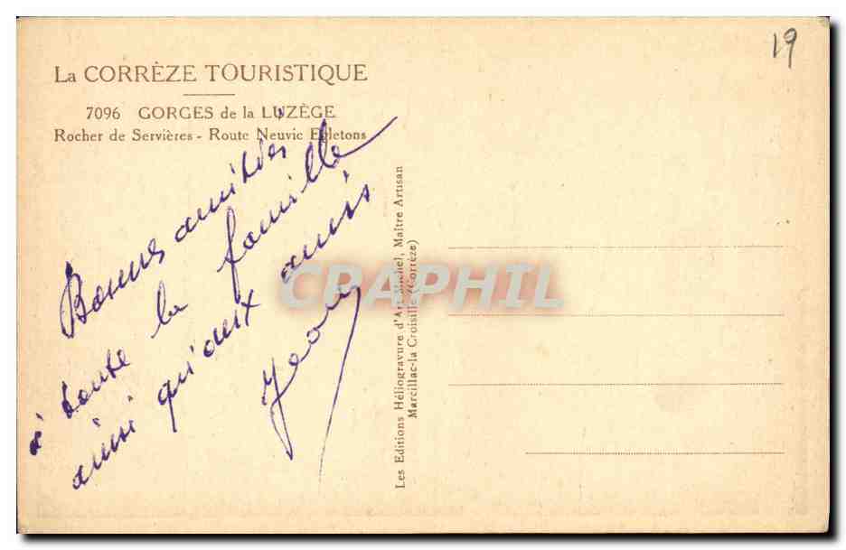 CPA La Correze Touristique Gorges de la Luzege Rocher de Servieres Route Neuvic Egletons — Rückseite