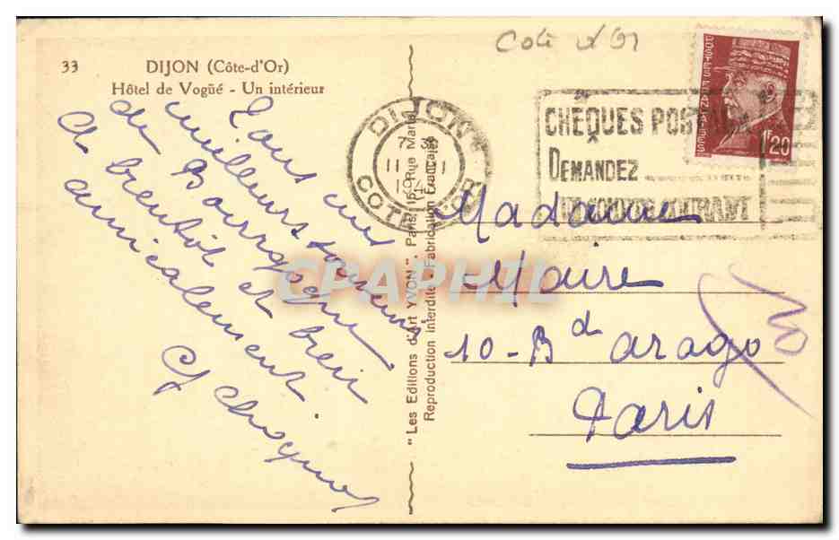 CPA Dijon Hotel de Vogue Un interieur — Rückseite