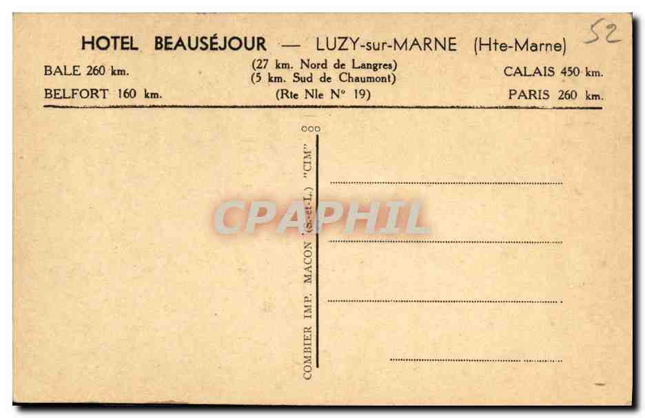 Luzy-sur-Marne (Hte-Marne) — Hôtel Beauséjour et Station-service — Imp. Combier, Mâcon — Verso