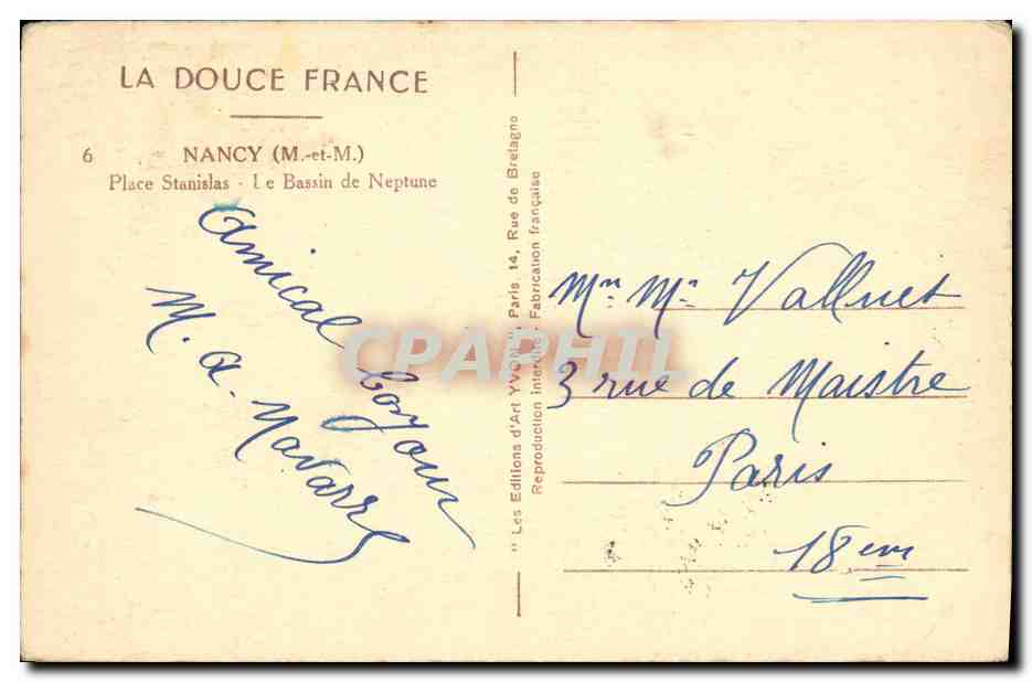 CPA Nancy Place Stanislas Le Bassin de Neptune — Verso