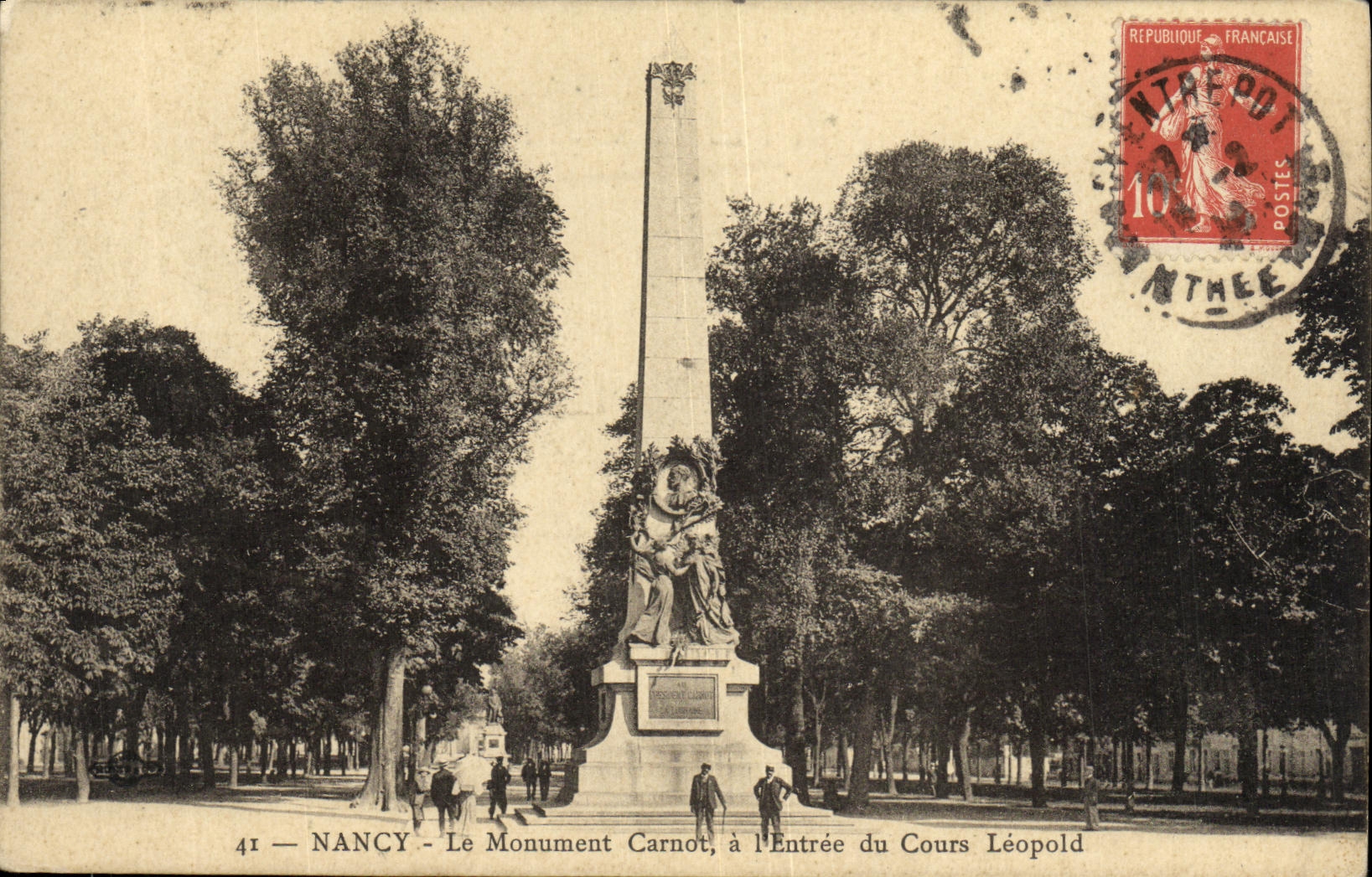 NANCY - The Carnot Monument, at the Entrance of the Léopold Promenade — unknown publisher, no. 41
