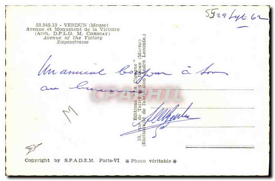 Verdun — Avenue et Monument de la Victoire — Éditions 'La Cigogne' — Rückseite