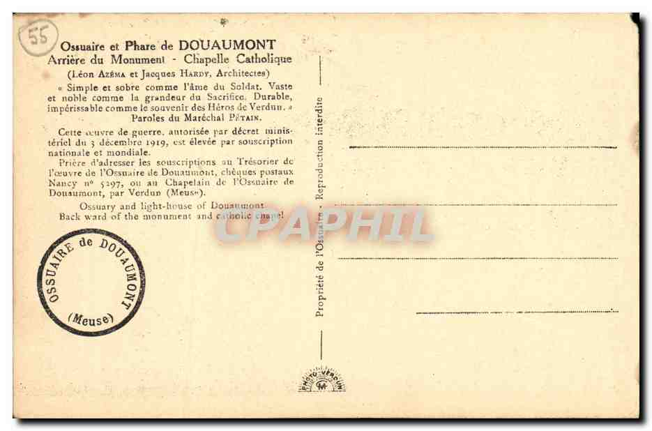 CPA Ossuaire et Phare de Douaumont Militaria — Rückseite