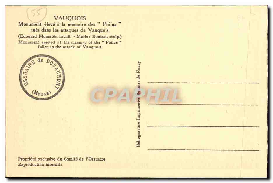 Monument aux Poilus tués à Vauquois — Vauquois — Héloïgrevare Imprimeries de Nancy — Verso