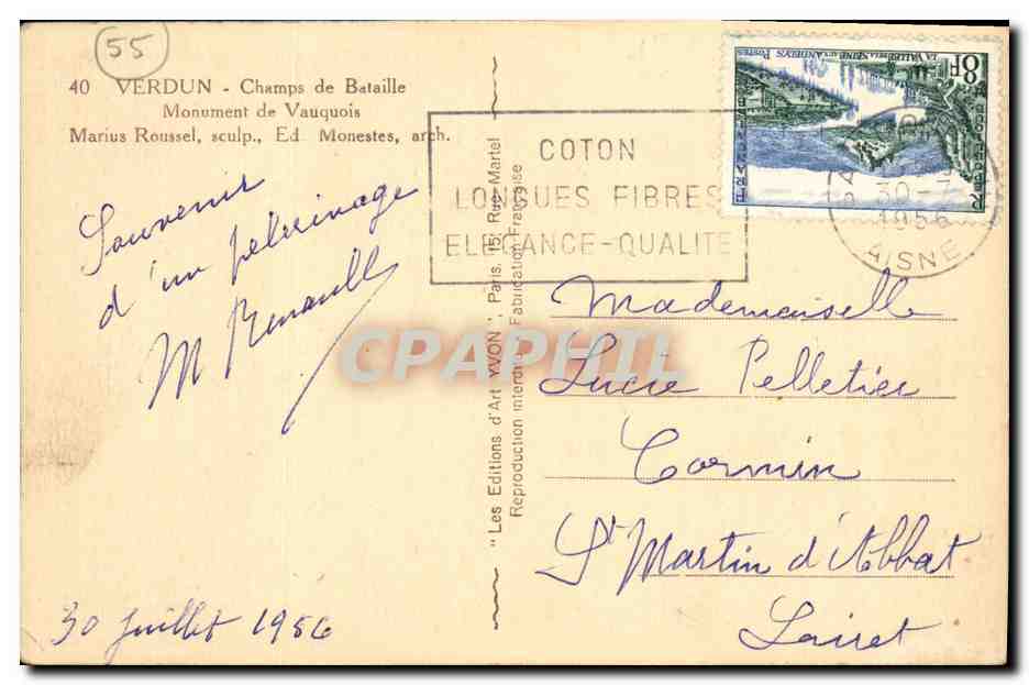 Verdun - Champs de Bataille - Monument de Vauquois — Marius Roussel, sculpteur, Ed. Monestes, arch. — n° 55 — Reverso