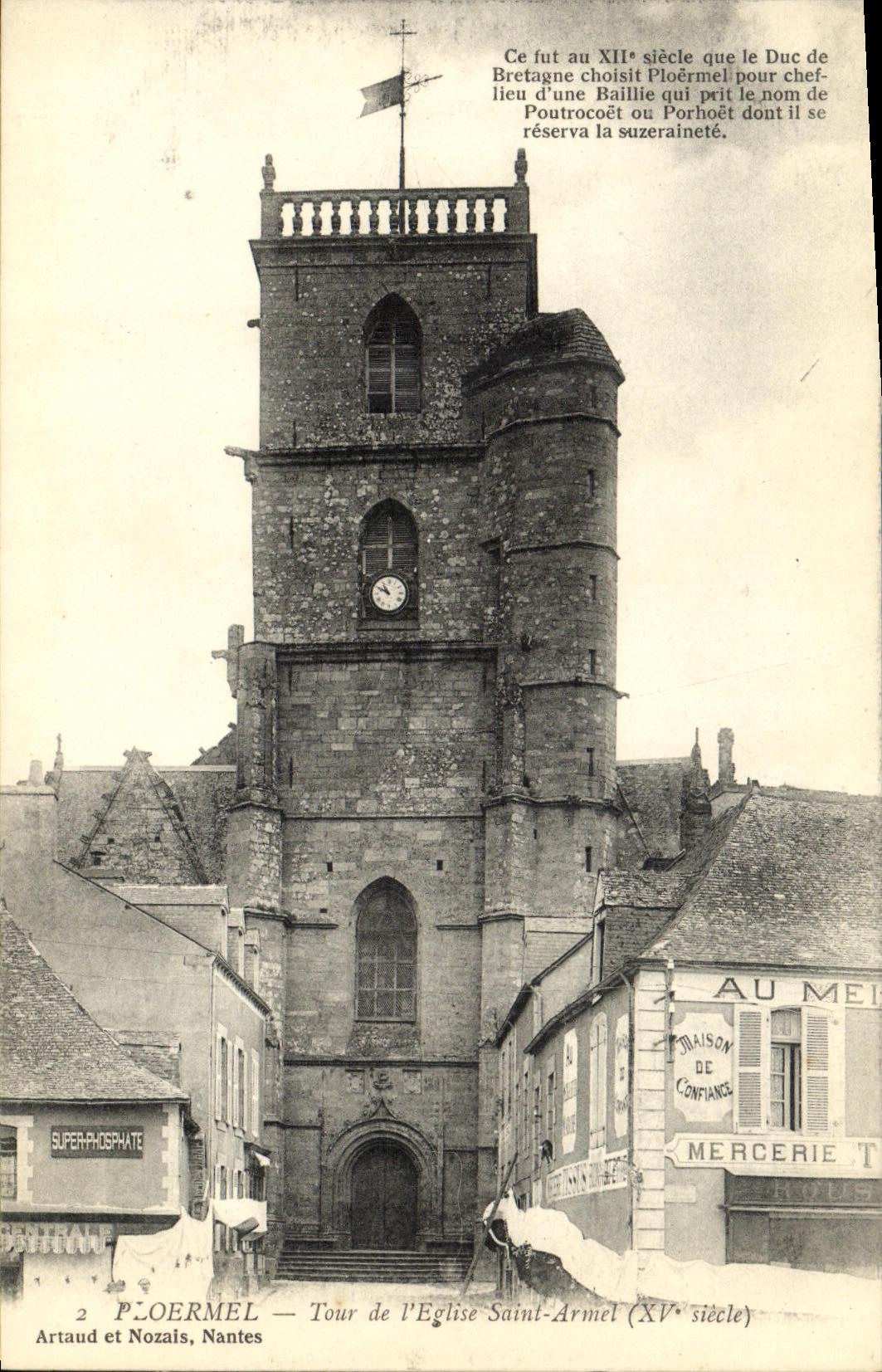 CPA Ploermel Tour de l Eglise Saint Armel Mercerie