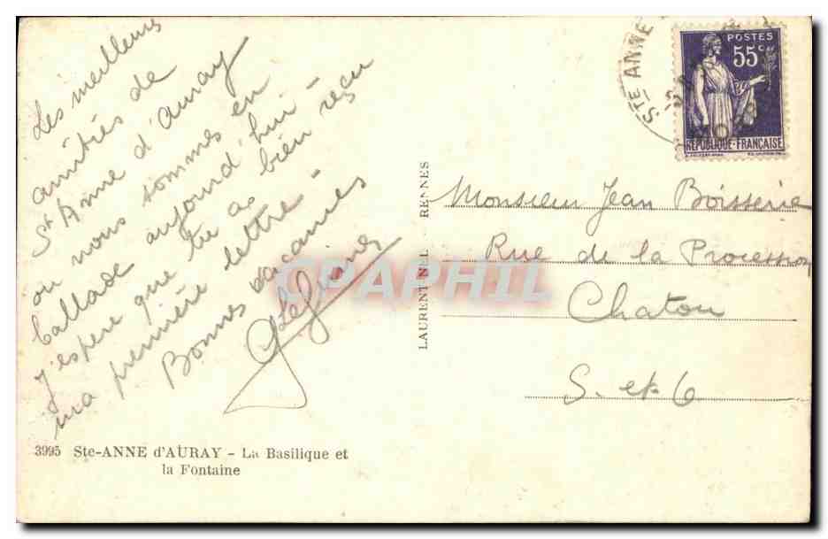 CPA Sainte Anne D Auray La Basilique et la Fontaine — Verso