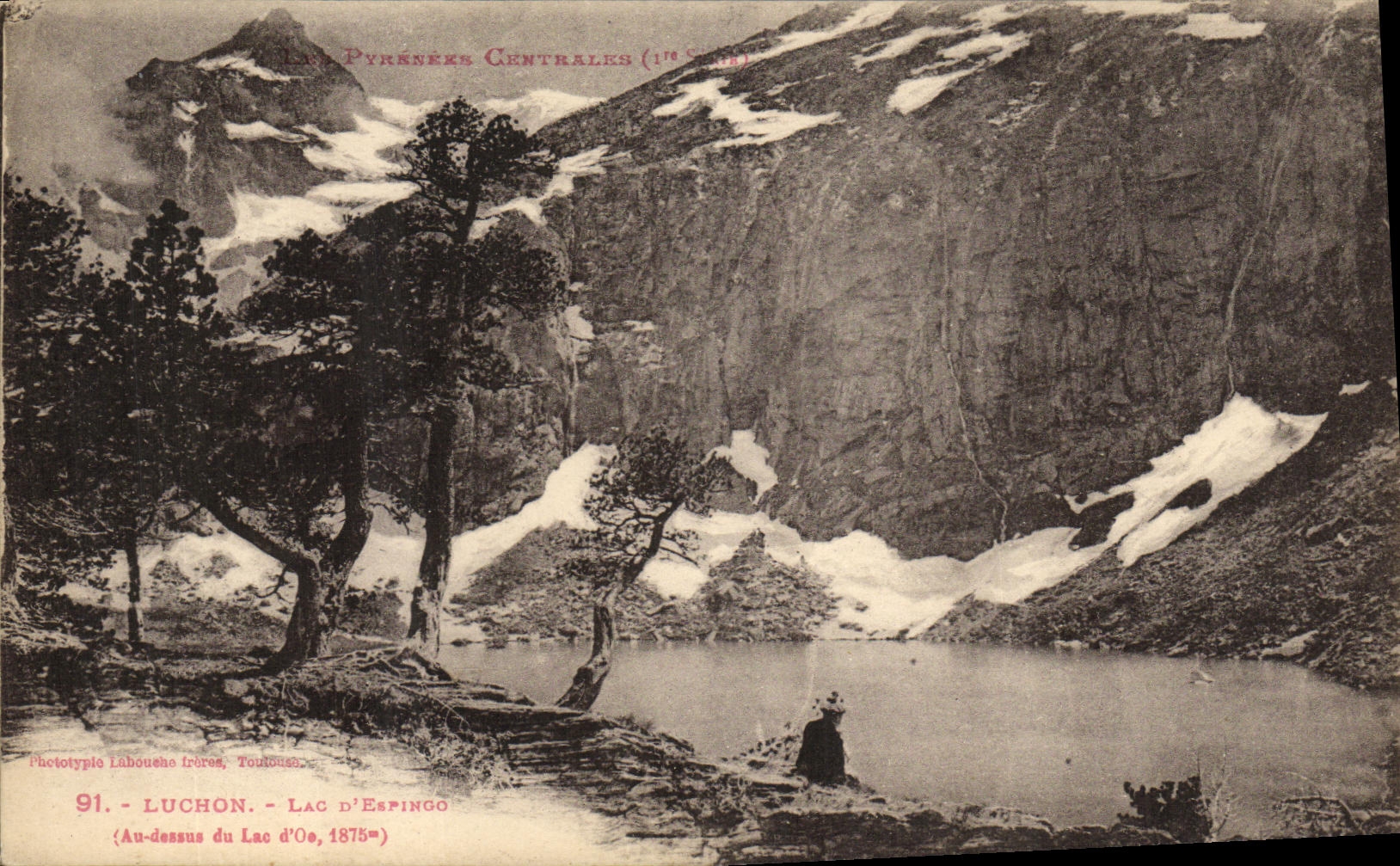 Luchon - Lac d'Espingo — Vue du lac enneigé au pied de falaises, Phototypie Labouche Frères, Toulouse, n°91