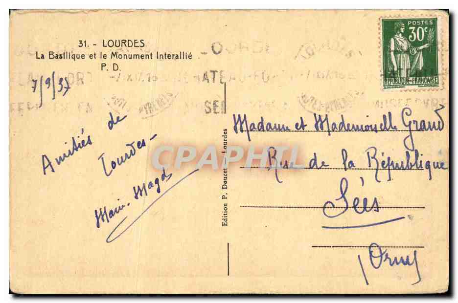 CPA Lourdes La Baslique et le Mounument Interallie — Verso