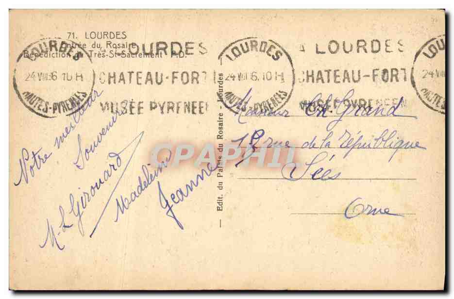 CPA Lourdes Entree du rosaire Benediction du TS Sacrement  — Verso