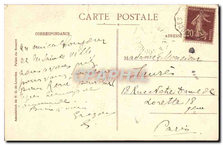 CPA Lourdes La Grotte de Massabielle — Verso