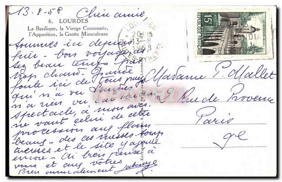 CPA Lourdes La Basilique la Vierge Couronnee l Apparition la Grotte Miraculeuse — Verso