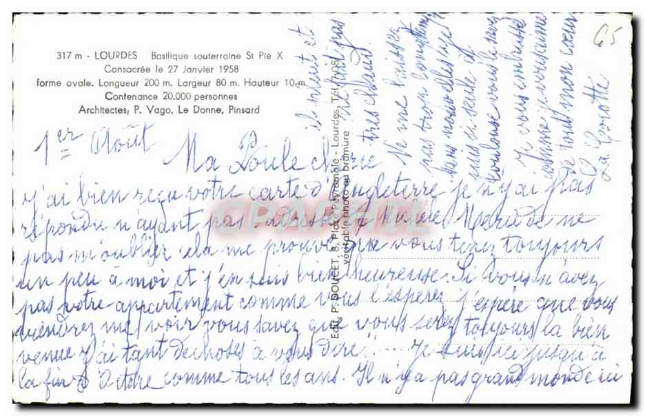 CPM Lourdes Basilique Souterraine St Pie X Consacree le 27 Janvier 1958  — Verso