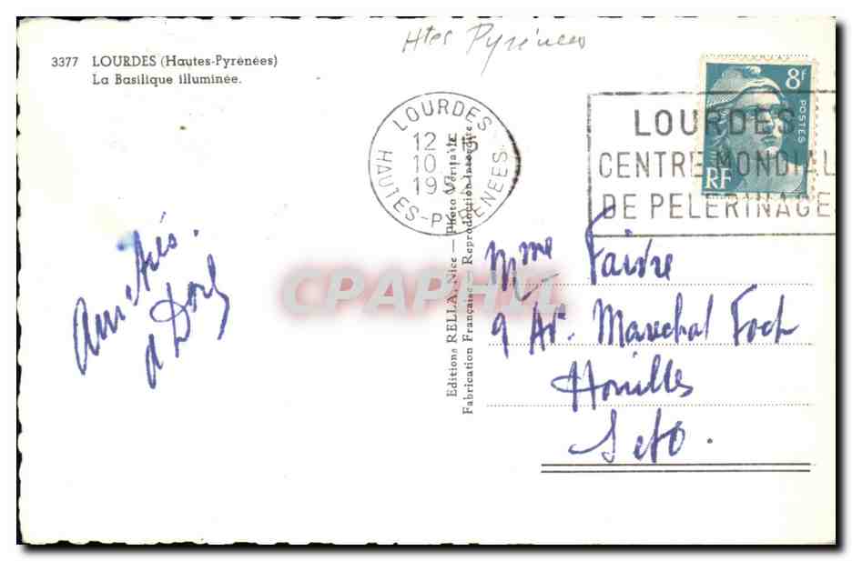 CPA Lourdes La Basilique llluminee — Verso