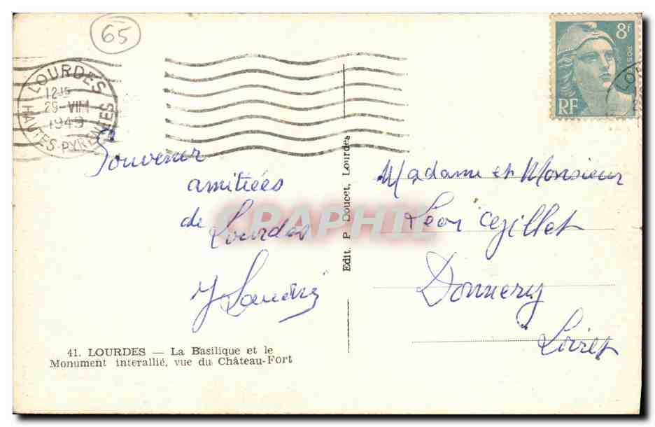 CPA Lourdes La Basilique et le Monument interallie vue du Chateau Fort — Verso