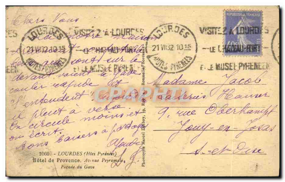 CPA Lourdes Hotel de Provence Avenue Peyremade Facade de la gave — Verso