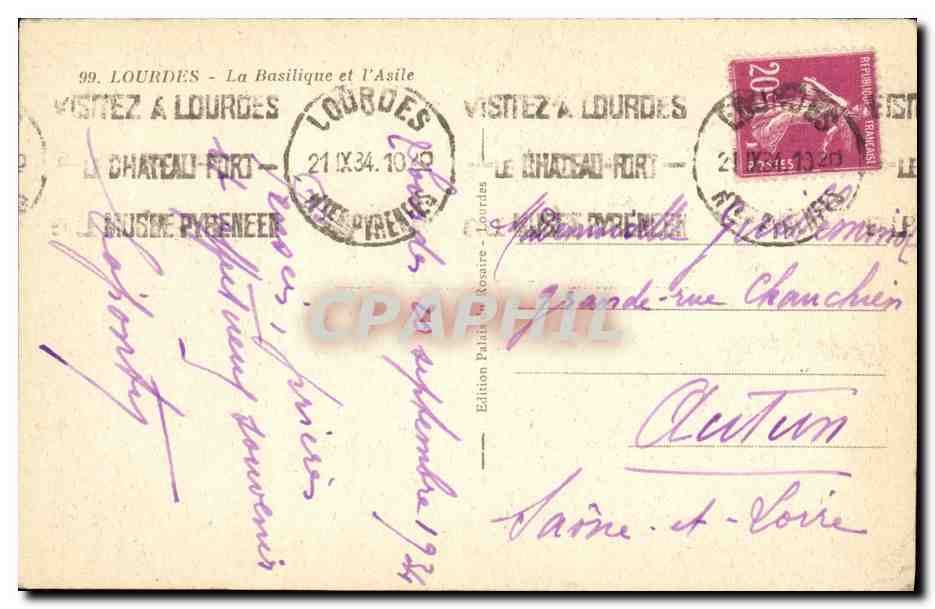 CPA Lourdes La Basilique et l Asile — Verso