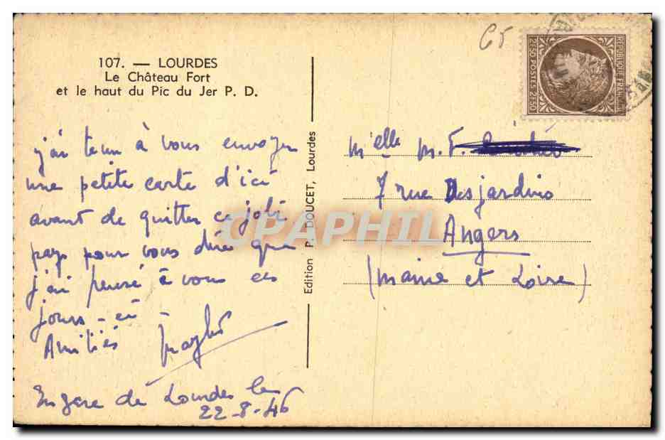 CPA Lourdes Le Chateau Fort et le Haut du Pic Jer — Verso