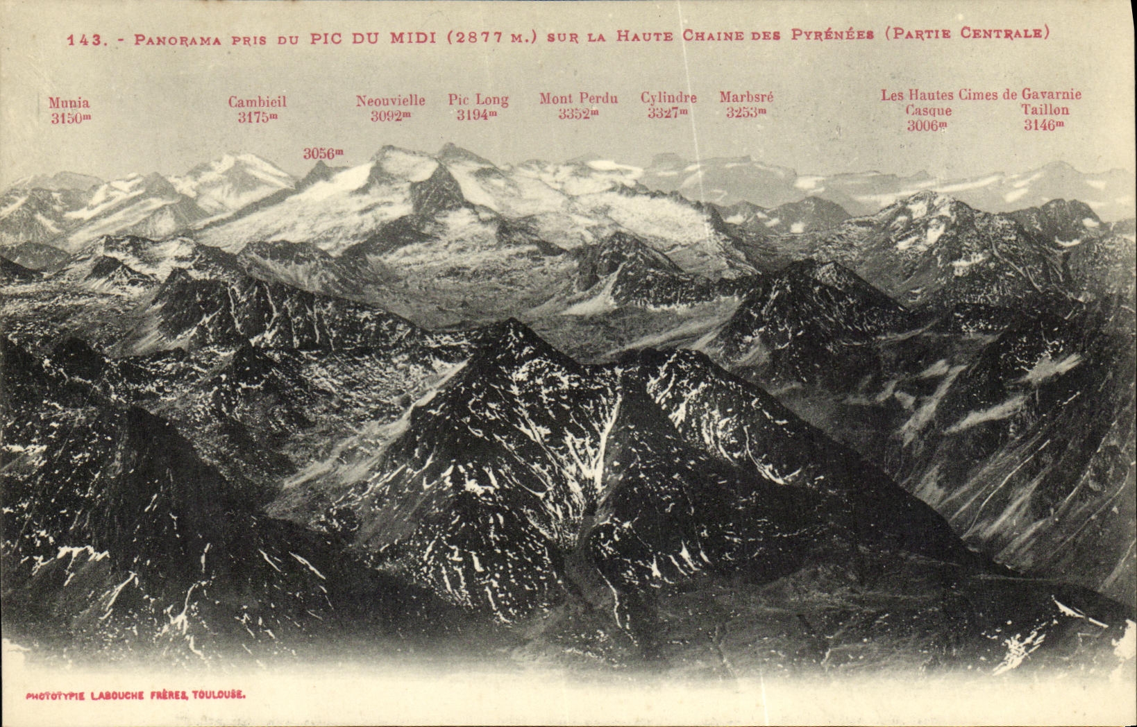 Panorama pris du Pic du Midi (2877 m.) sur la Haute Chaîne des Pyrénées (Partie Centrale) — Phototypie Labouche Frères, Toulouse — n° 143