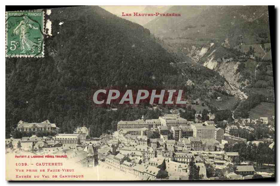 Cauterets — Vue prise de Fauze-Vieux — Entrée du Val de Cambusquès — Phototypie Lagoche Frères, Toulouse