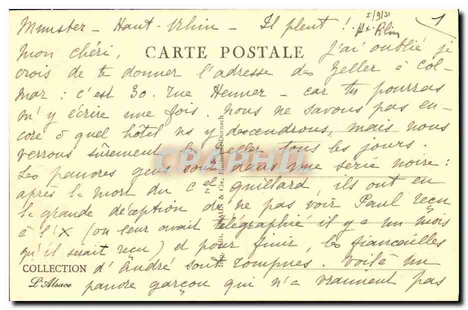 CPA Munster Hotel de ville et hotel de la Cigogne — Rückseite