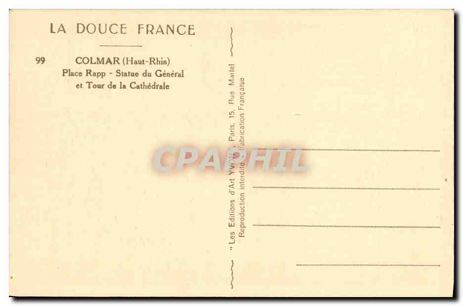 Colmar — Statue du Général Rapp et Tour de la Cathédrale — Les Éditions d'Art Yvain — Verso
