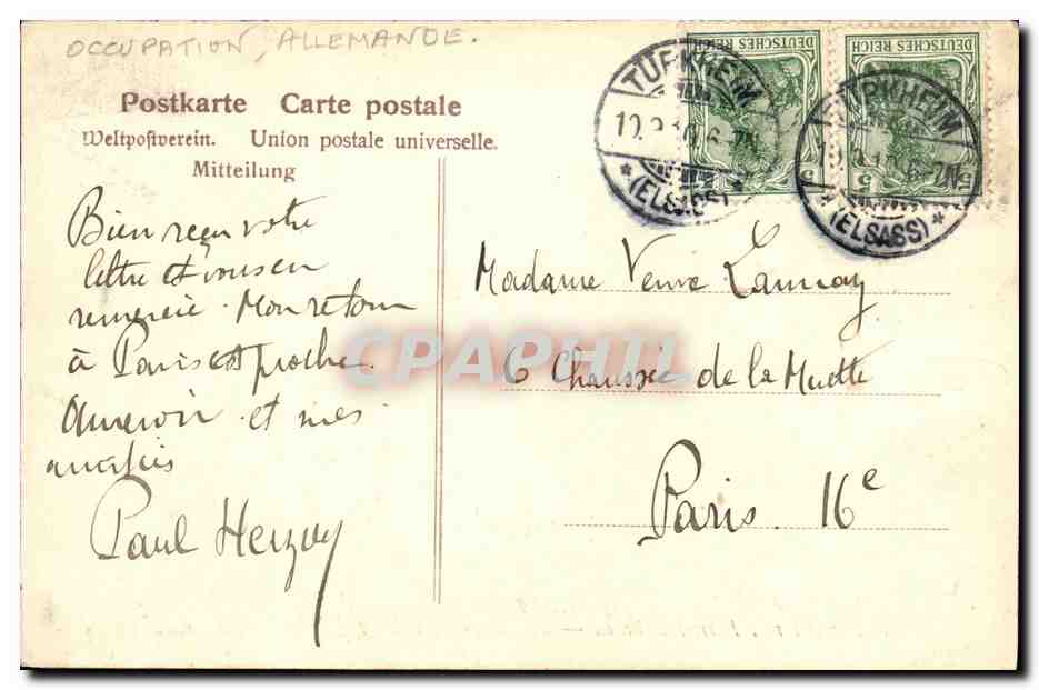 CPA Colmar Boulevard St Pierre avec monument Hirn — Rückseite