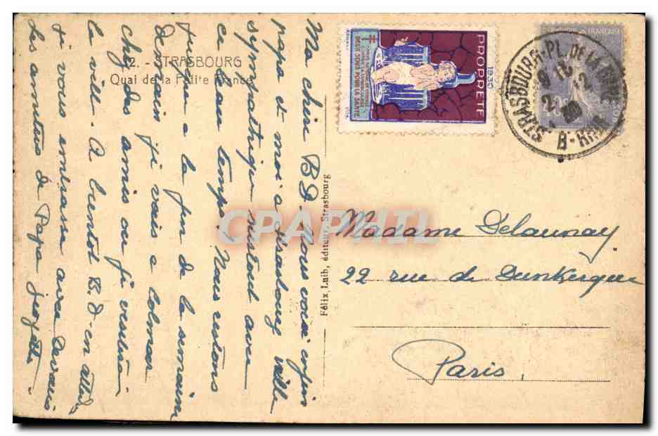 CPA Strasbourg Quai de la petite France Vignette Proprete — Rückseite
