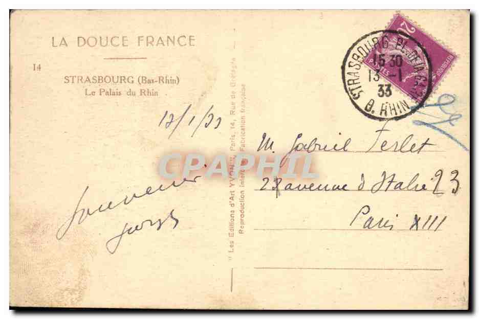 CPA Strasbourg Le Palais du Rhin — Verso
