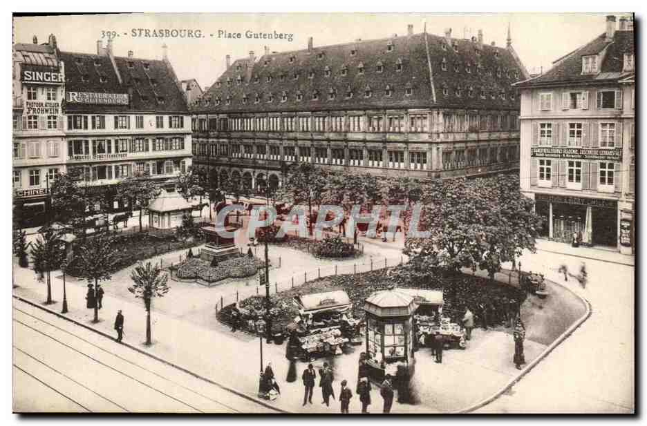 Strasbourg - Place Gutenberg — vue panoramique avec bâtiments et marché — éditeur Oh. Bergeret, n° 399