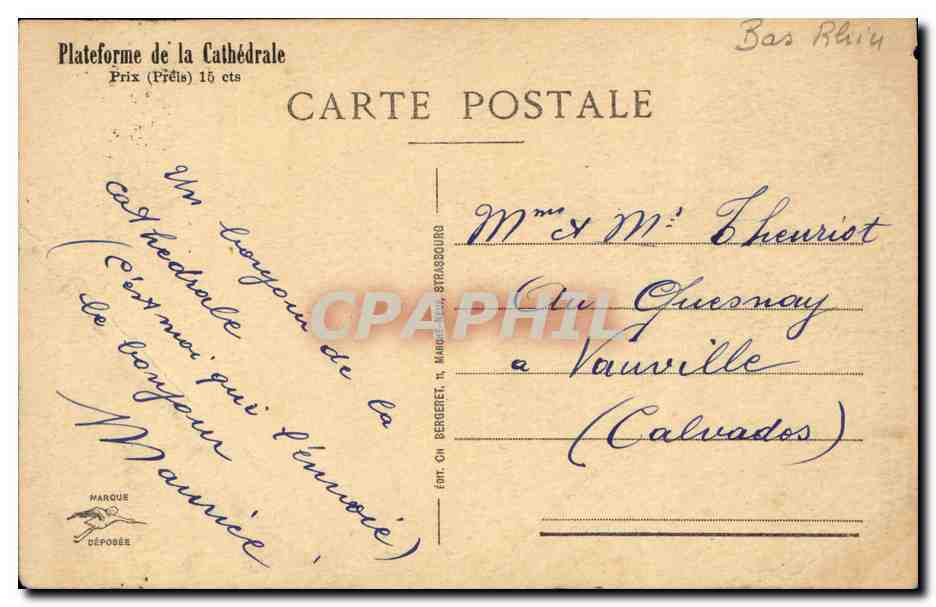 Strasbourg - Plateforme de la Cathédrale - Côté de la Nef - éditeur Oh. Berberet, n° 559 — Rückseite