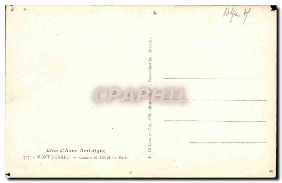 CPA Monte Carlo Casino et Hotel de Paris — Verso