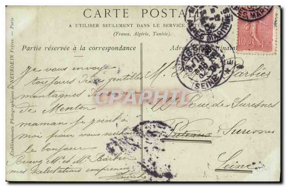 CPA Menton Les Roches Rouges — Verso