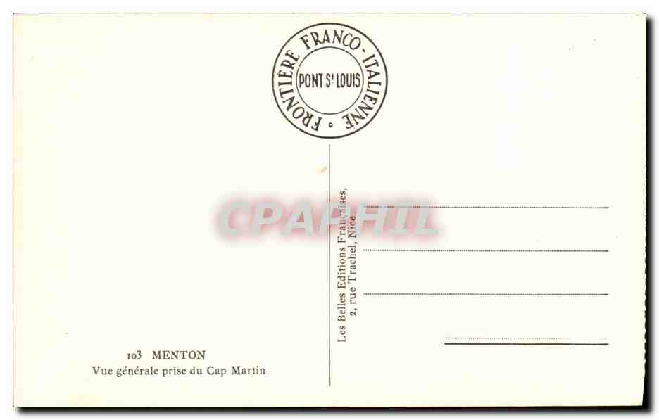CPA Menton Vue generale prise du Cap Martin — Verso