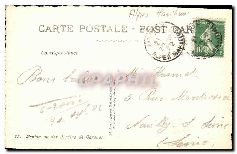 CPA Menton vu des Jardins de Garavan  — Rückseite