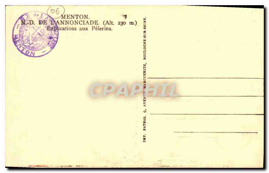 N.D. de l'Annonciade — Explications aux Pèlerins — Imp. Patras, Menton — Verso