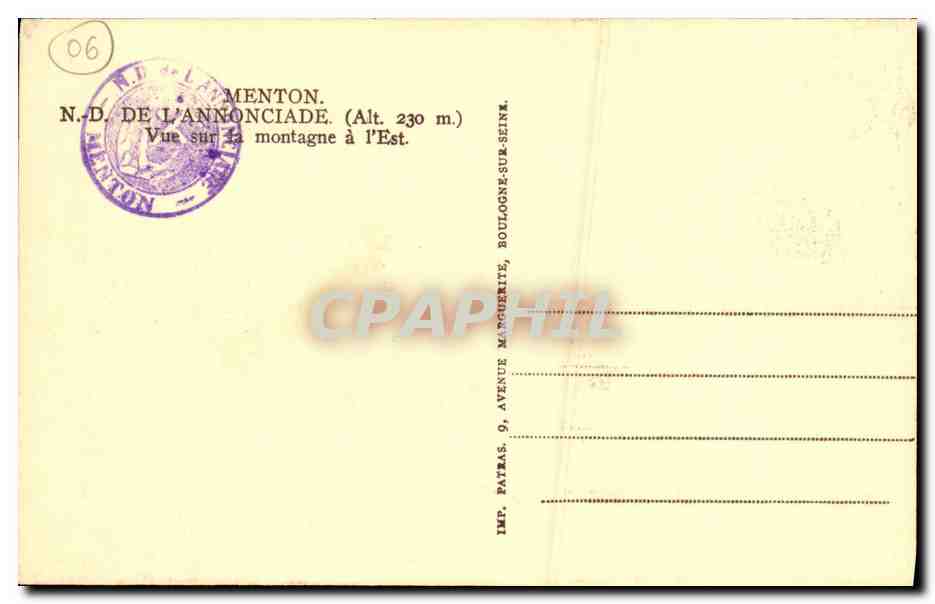 CPA Menton De L Annonciade Vue sur la montagne a l Est — Rückseite