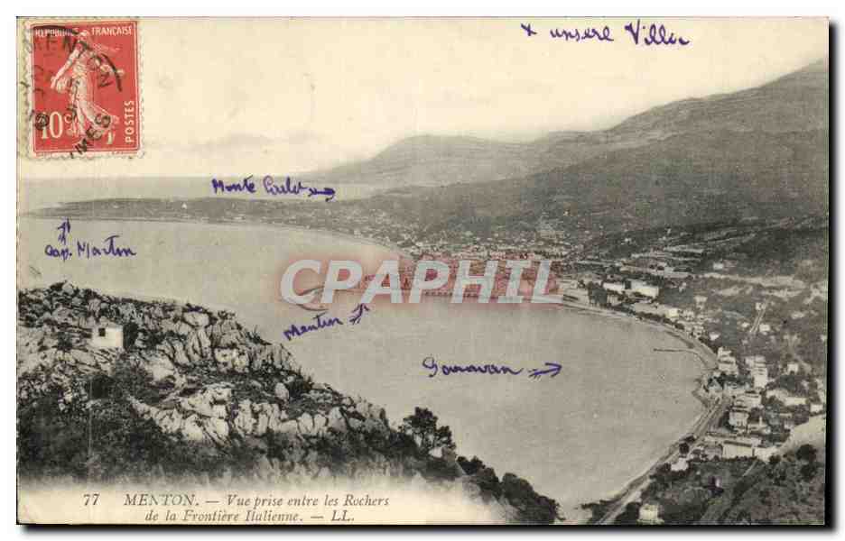 CPA Menton Vue prise entre les Rochers da la Froniere Italienne