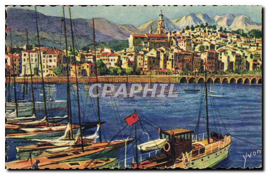 CPA Cote d Azur Menton Le port et la vieille ville Bateaux