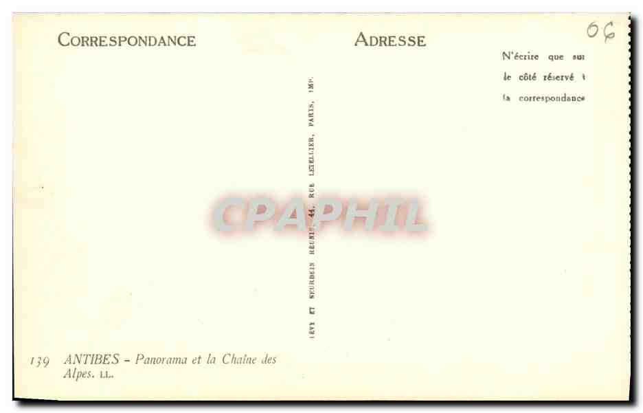 Antibes - Panorama et la Chaîne des Alpes — Éditeur LL. n°139 — Rückseite